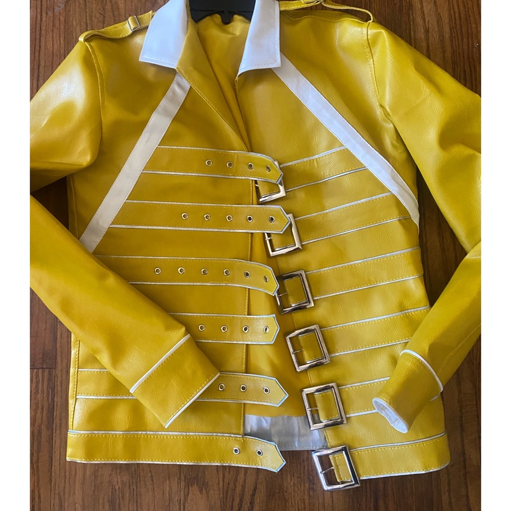 Yellow Faux Leather Military-Inspired Buckle Jacket with White Trim